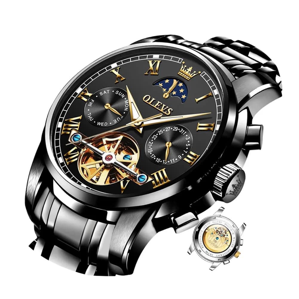 OLEVS Automatic Mechanical Skeleton Moon Phase Dress Watch 41mm (1.61 in) Silver Stainless Steel — All Black