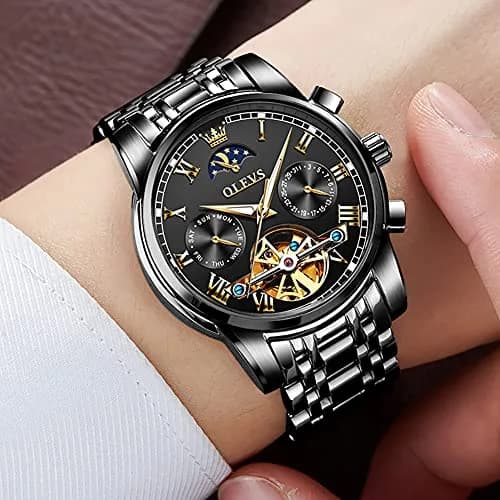 OLEVS Automatic Mechanical Skeleton Moon Phase Dress Watch 41mm (1.61 inches) | Black Stainless Steel thumbnail 4