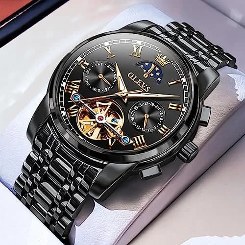 OLEVS Automatic Mechanical Skeleton Moon Phase Dress Watch 41mm (1.61 inches) | Black Stainless Steel thumbnail 5