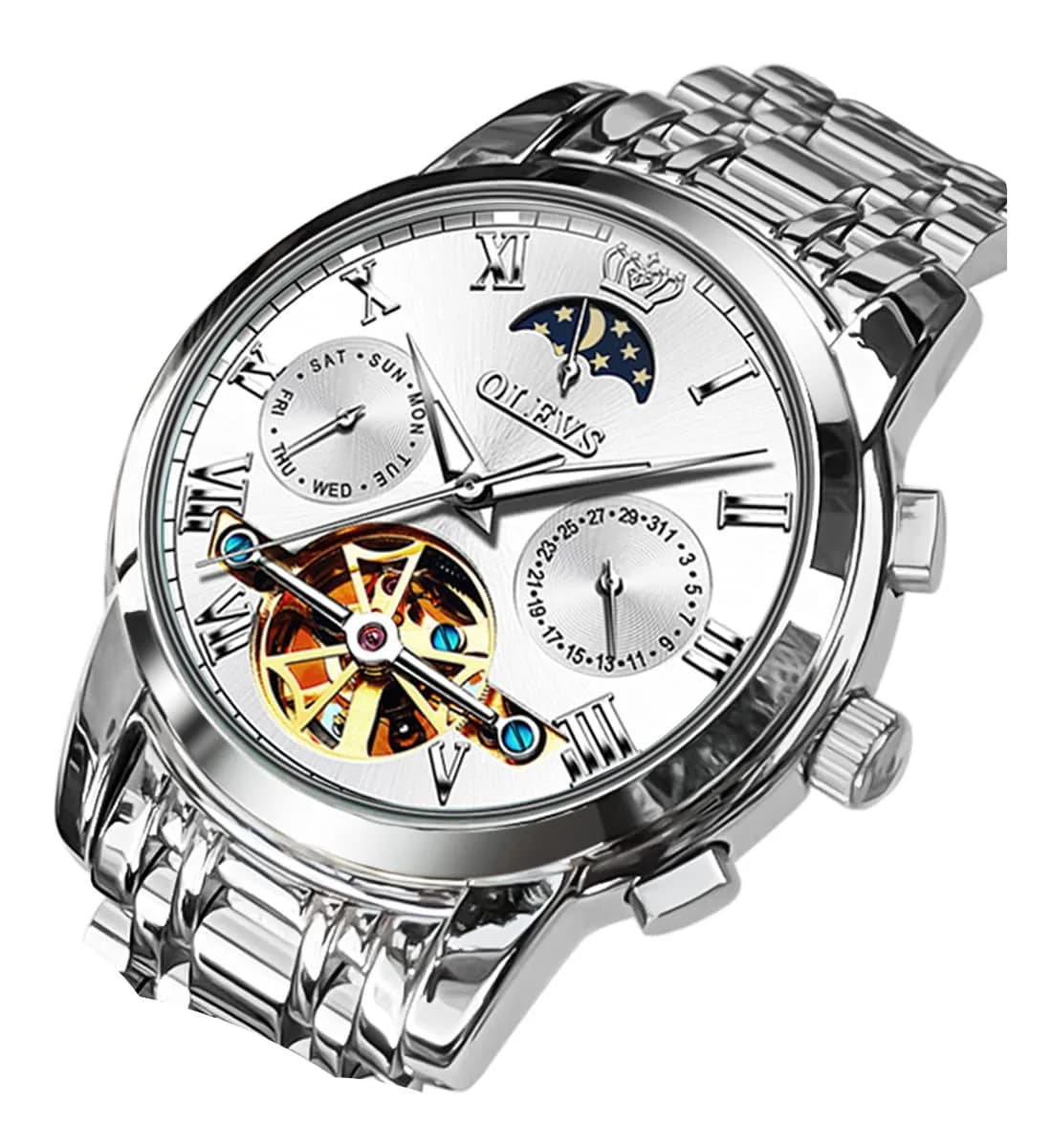 OLEVS Automatic Mechanical Skeleton Moon Phase Dress Watch 41mm (1.61 in) Silver Stainless Steel — White