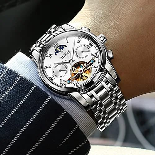 OLEVS Automatic Mechanical Skeleton Moon Phase Dress Watch 41mm (1.61 in) Silver Stainless Steel thumbnail 4