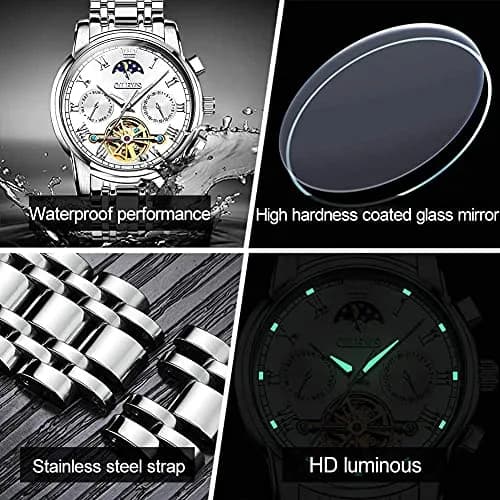 OLEVS Automatic Mechanical Skeleton Moon Phase Dress Watch 41mm (1.61 in) Silver Stainless Steel thumbnail 6