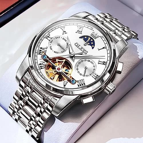 OLEVS Automatic Mechanical Skeleton Moon Phase Dress Watch 41mm (1.61 in) Silver Stainless Steel thumbnail 2
