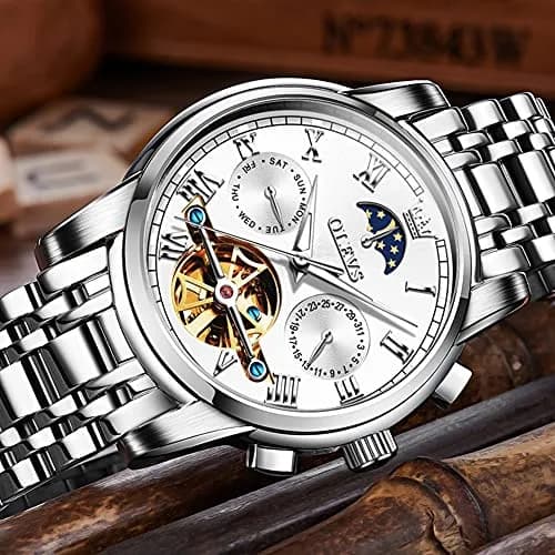 OLEVS Automatic Mechanical Skeleton Moon Phase Dress Watch 41mm (1.61 in) Silver Stainless Steel thumbnail 3