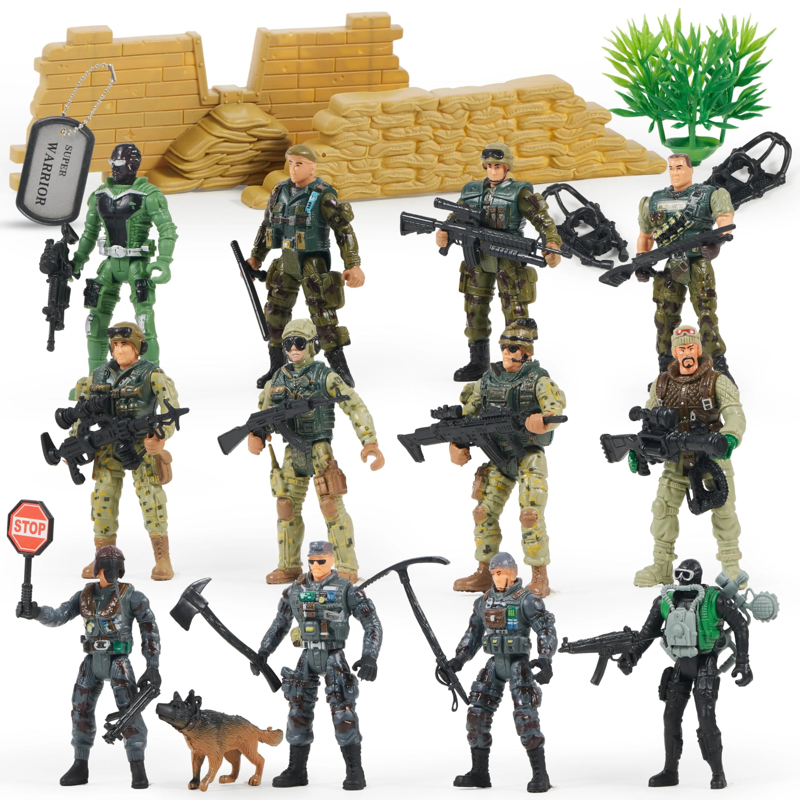 JOYIN Military Army Men Playset with 12 Realistic Action Figures & Accessories | 16 Pieces, Non-Toxic, 4-Inch Figures — Multicolor