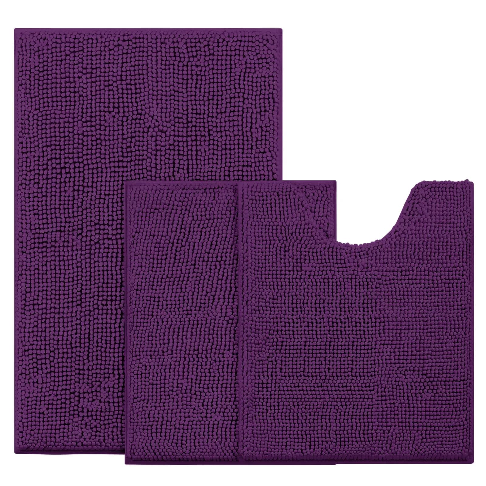 BYSURE Deep Purple Bathroom Rugs Sets 3 Piece Non Slip Plush Chenille Washable Bath Mats | Superior Absorbency & Safety — Purple