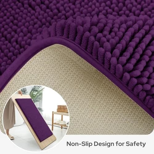 BYSURE Deep Purple Bathroom Rugs Sets 3 Piece Non Slip Plush Chenille Washable Bath Mats | Superior Absorbency & Safety thumbnail 5