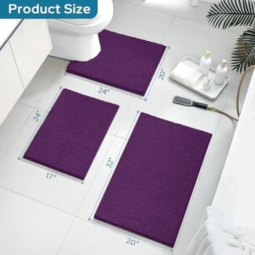 BYSURE Deep Purple Bathroom Rugs Sets 3 Piece Non Slip Plush Chenille Washable Bath Mats | Superior Absorbency & Safety thumbnail 2