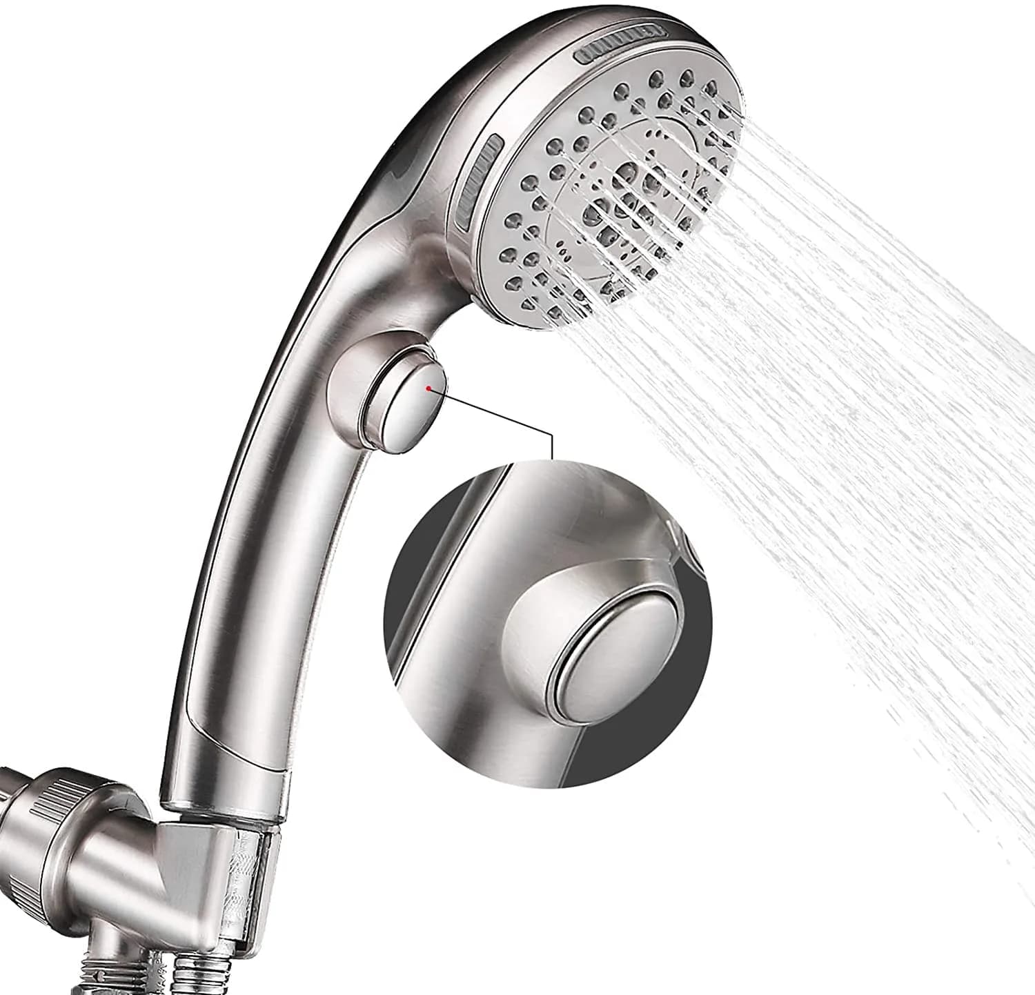 DOILIESE High Pressure Handheld Shower Head with 6 Settings & Pause Button - 1.8 GPM - Brushed Nickel | Modern Style - main product image