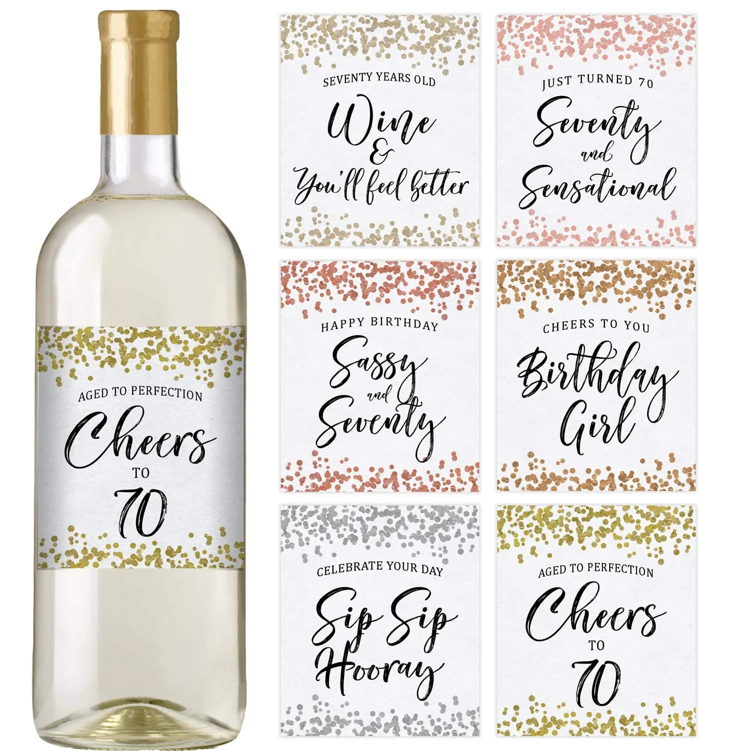 Printed Party 70th Birthday Wine Bottle Labels, Confetti Design, Set of 6 — Gold, Silver, Rose Gold, Bronze