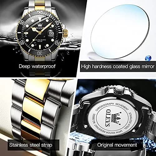 OLEVS Gold Black Stainless Steel Men Watch Big Face Waterproof Dress Date | Classic Quartz Movement, 41mm Dial, Water Resistant thumbnail 4