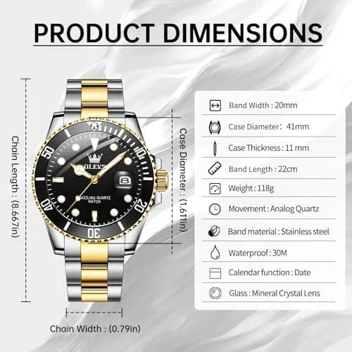 OLEVS Gold Black Stainless Steel Men Watch Big Face Waterproof Dress Date | Classic Quartz Movement, 41mm Dial, Water Resistant thumbnail 6