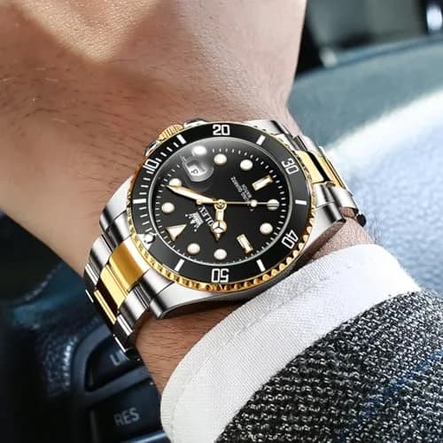 OLEVS Gold Black Stainless Steel Men Watch Big Face Waterproof Dress Date | Classic Quartz Movement, 41mm Dial, Water Resistant thumbnail 7
