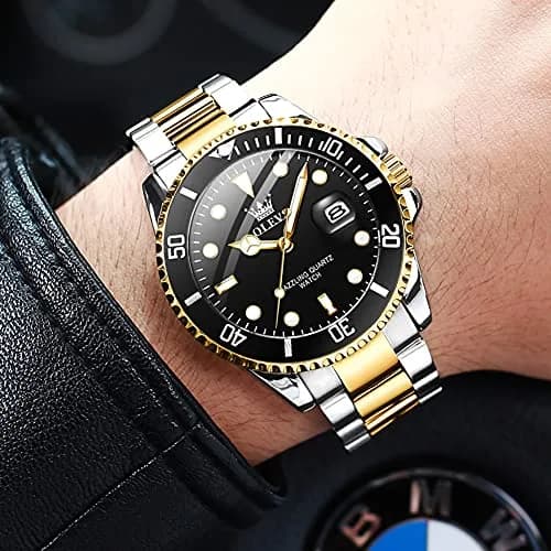 OLEVS Gold Black Stainless Steel Men Watch Big Face Waterproof Dress Date | Classic Quartz Movement, 41mm Dial, Water Resistant thumbnail 2