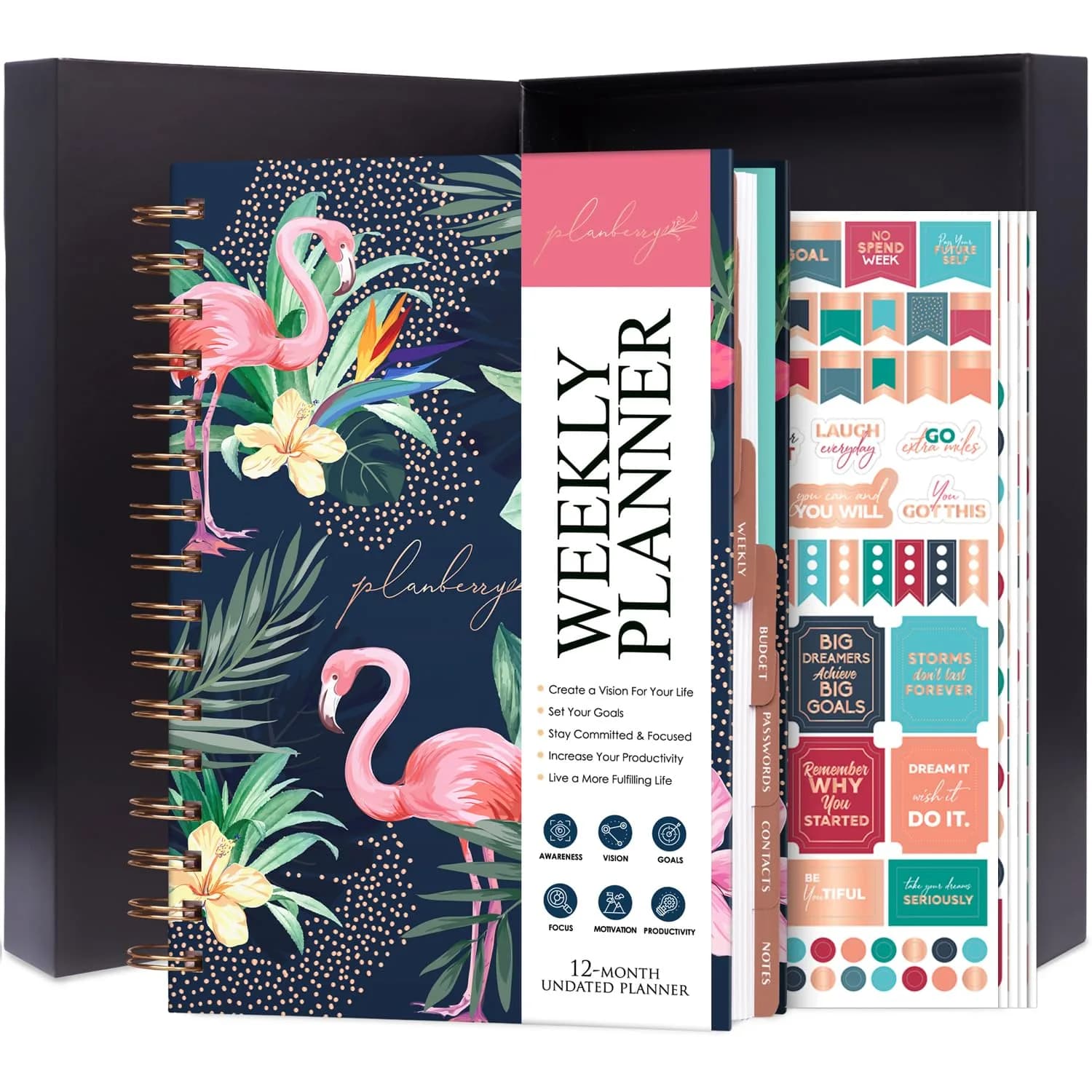 PLANBERRY Weekly Planner Premium, Undated, Goals, Budget, Rose Flamingo | 120 pages, A5 size, undated, premium design — Rose Flamingo