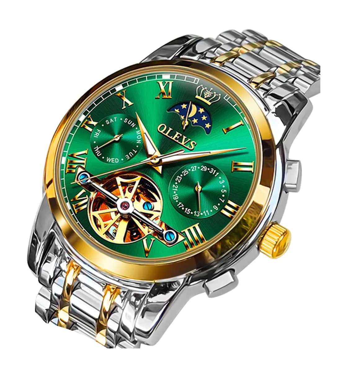 OLEVS Automatic Mechanical Skeleton Moon Phase Dress Watch 41mm (1.61 in) Silver Stainless Steel — Green