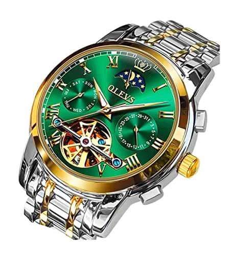 OLEVS Automatic Mechanical Watch 42mm (1.65 in) Green Skeleton Moon Phase Stainless Steel | Luxury Dress Business Luminous thumbnail 1