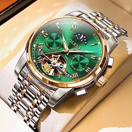 OLEVS Automatic Mechanical Watch 42mm (1.65 in) Green Skeleton Moon Phase Stainless Steel | Luxury Dress Business Luminous thumbnail 2