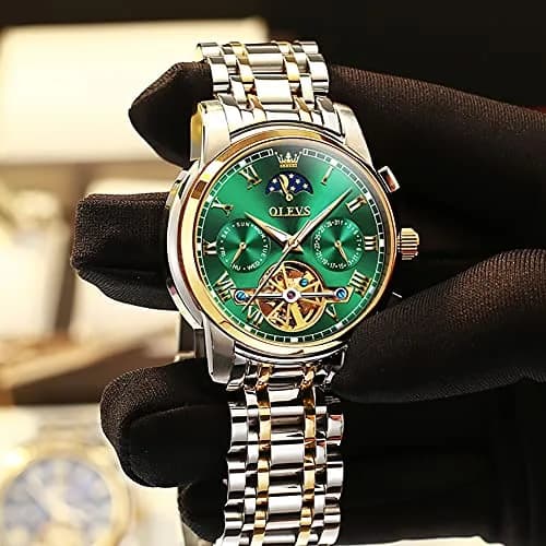 OLEVS Automatic Mechanical Watch 42mm (1.65 in) Green Skeleton Moon Phase Stainless Steel | Luxury Dress Business Luminous thumbnail 3