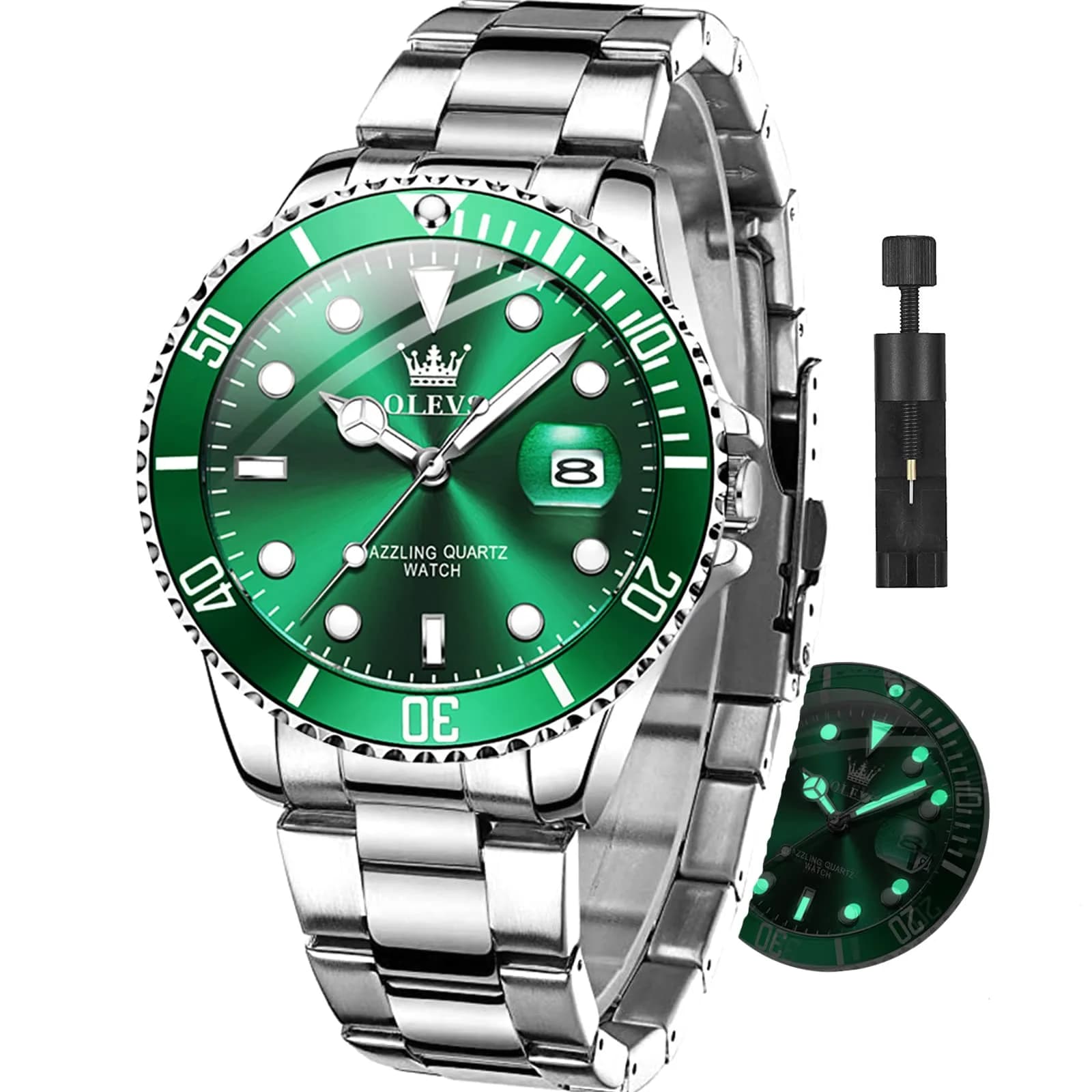 OLEVS Green Men’s Watch Stainless Steel Waterproof Date Dress 41mm | Luxury Quartz Movement — Green