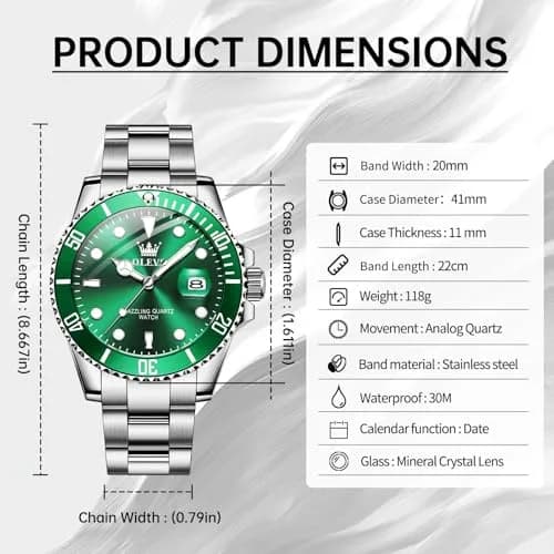 OLEVS Green Men’s Watch Stainless Steel Waterproof Date Dress 41mm | Luxury Quartz Movement thumbnail 6