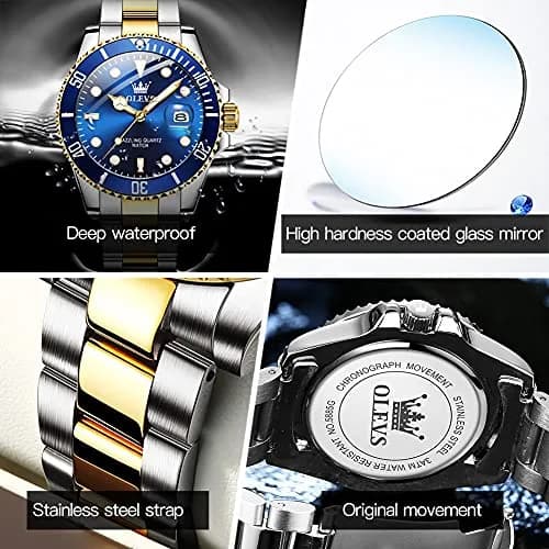 OLEVS Men Dress Watch 41mm Blue Dial Gold Silver Stainless Steel Waterproof thumbnail 4
