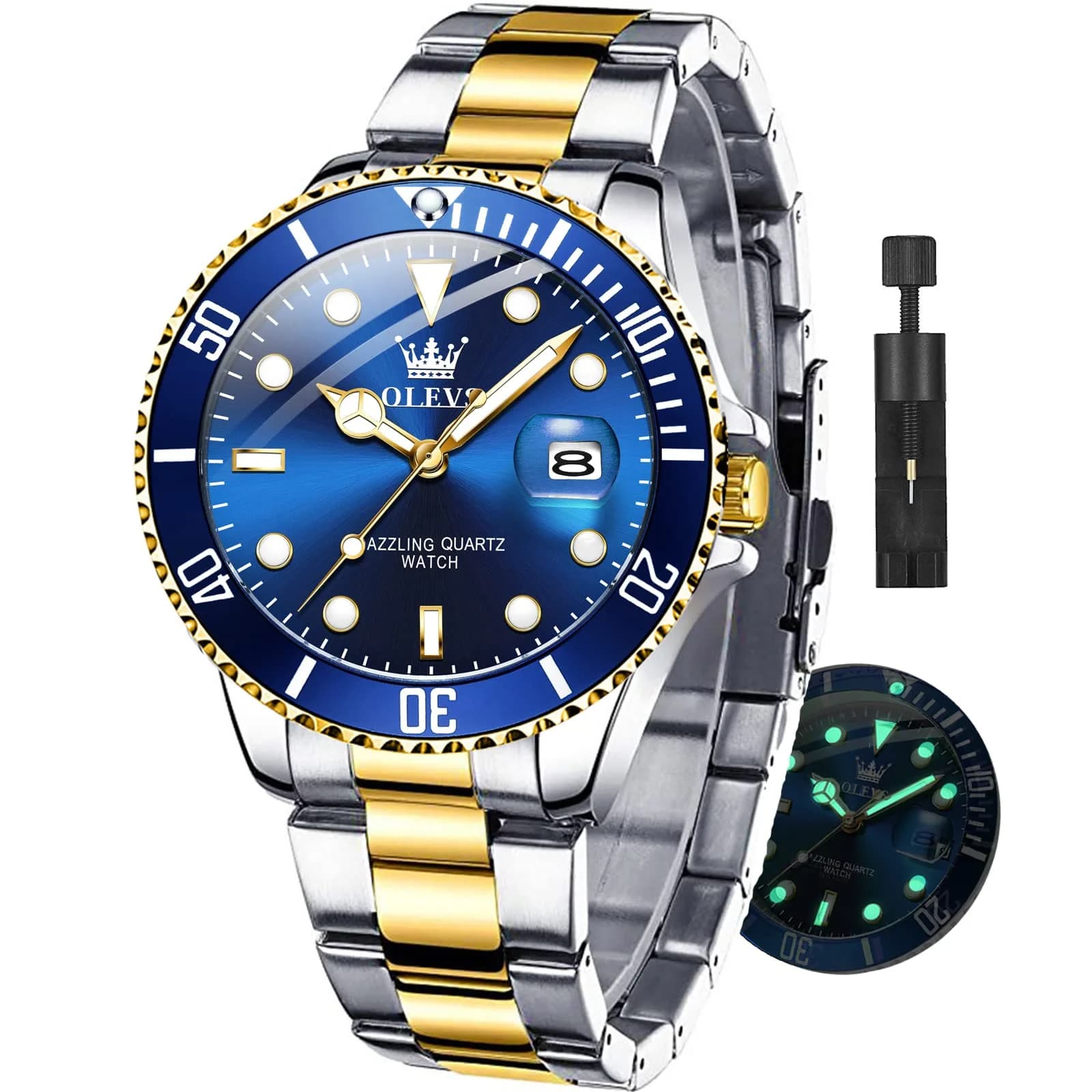 OLEVS Men Dress Watch 41mm Blue Dial Gold Silver Stainless Steel Waterproof - main product image