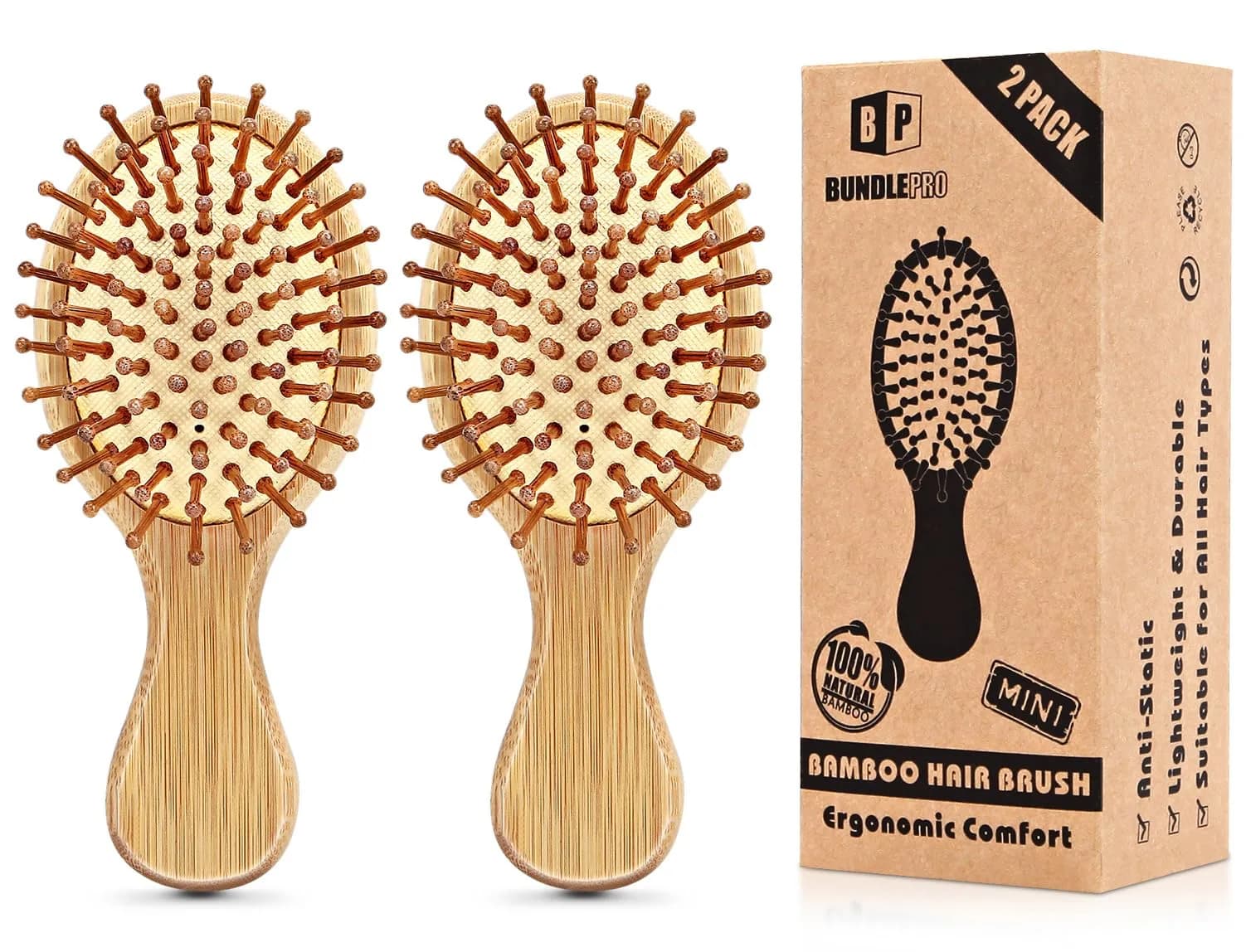 BUNDLEPRO Hair Brush with Natural Bristles | Detangling Paddle for All Hair Types, 2 Pack — Brown
