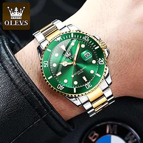OLEVS Gold and Green Men’s Watch, Stainless Steel, Waterproof, 41mm Dial, Date Function thumbnail 2