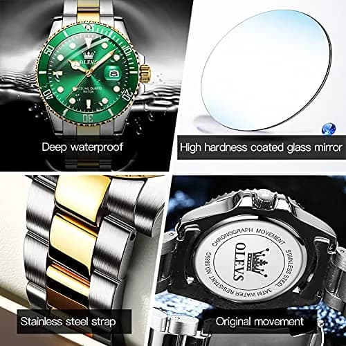OLEVS Gold and Green Men’s Watch, Stainless Steel, Waterproof, 41mm Dial, Date Function thumbnail 4