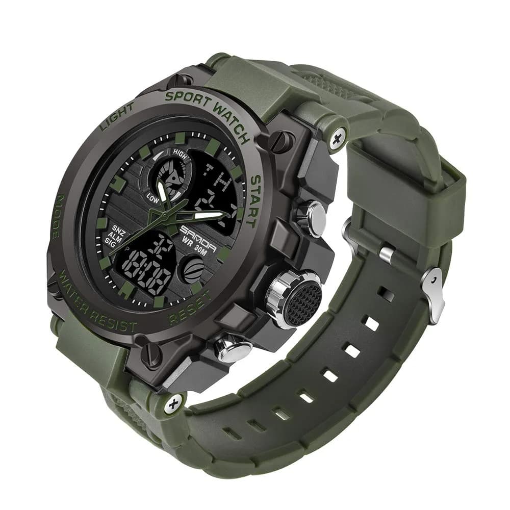 AIMES Men's Sport Watch 53mm (2.1 inch) | Dual Time Zone Military Watch with LED Alarm & Stopwatch — Green