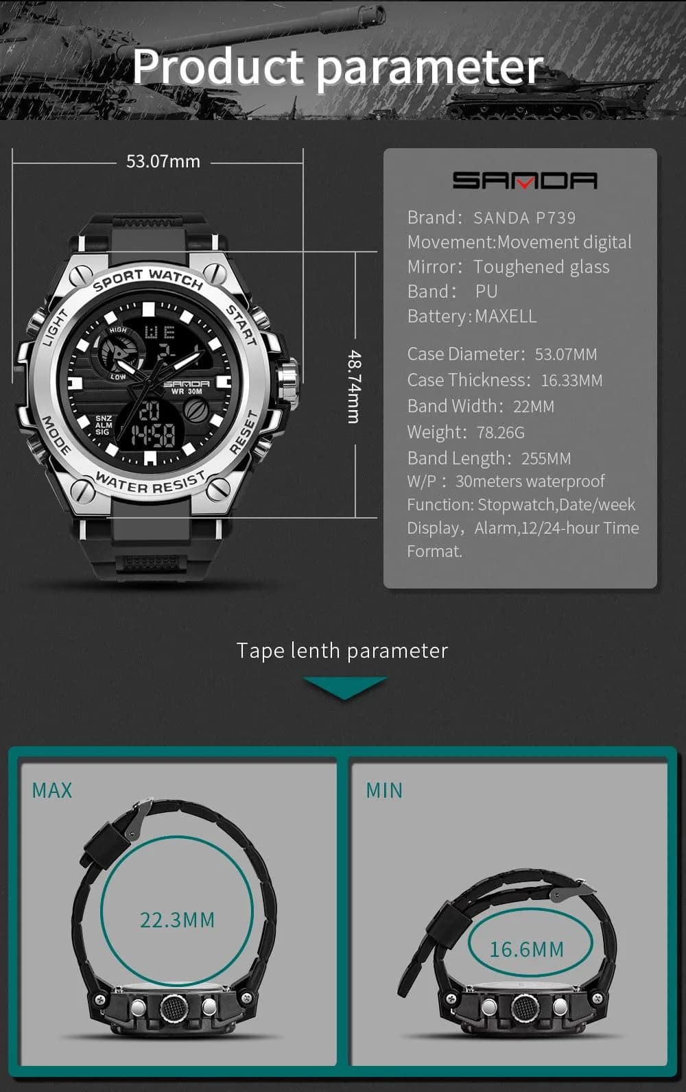 AIMES Men's Military Sport Watch 53mm (2.1 inch) | Dual Time Zone, Alarm, Stopwatch, 30M Water Resistant - view 6