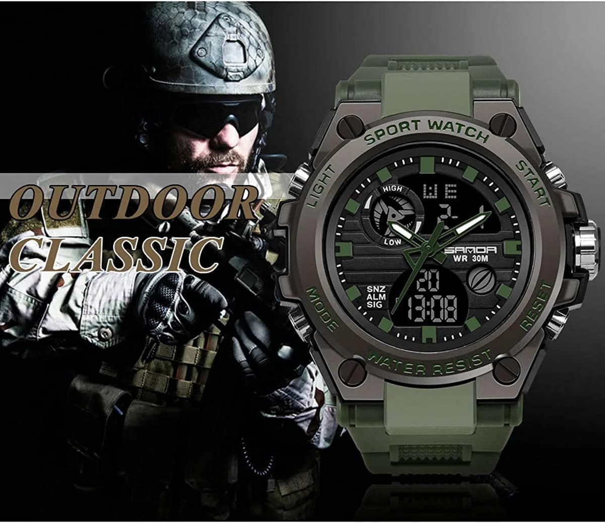 AIMES Men's Military Sport Watch 53mm (2.1 inch) | Dual Time Zone, Alarm, Stopwatch, 30M Water Resistant - view 3
