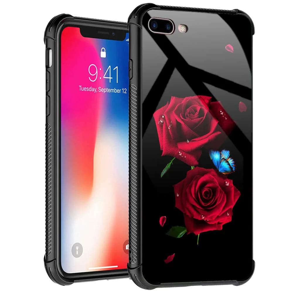 TnXee Cellular Phone Case Compatible with iPhone 8 | Stylish Butterfly on Red Roses Design