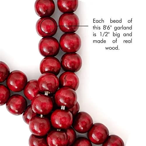 Ornativity Wooden Christmas Tree Bead Garland - Cranberry Red Wood Holiday Decor 8'6" | Vintage Country Farmhouse Style thumbnail 5