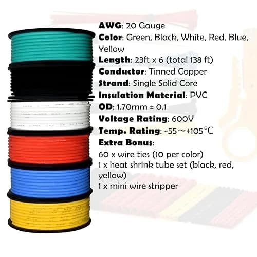 Plusivo 20 AWG Solid Core Wire Kit – 6 Colors, 23ft Each Spool | 600V PVC Coated Tinned Copper for Electronics thumbnail 2