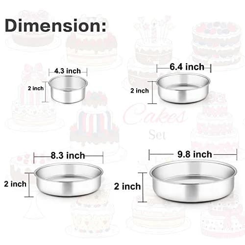 TeamFar Cake Pan Set of 4 - Stainless Steel Round Baking Pans for Layer Cake & Pie, 4'' & 6'' & 8'' & 9½'' | Heavy Duty & Rust Free thumbnail 2