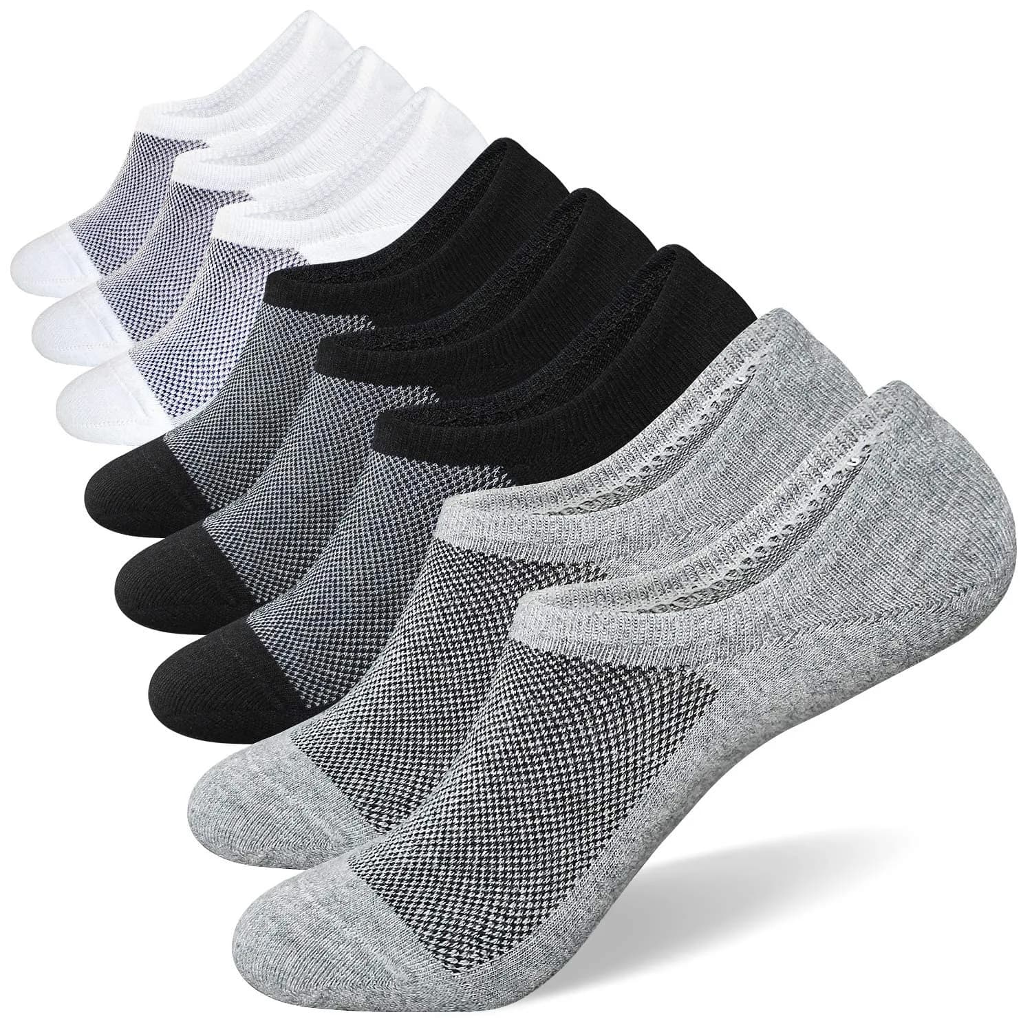 SIXDAYSOX No-Show Socks for Men 8 Pairs Size 9-11 White Mesh Knit Low Cut Ankle Socks with Non Slip Grid — 3 White+3 Black+2 Gray / 9-11