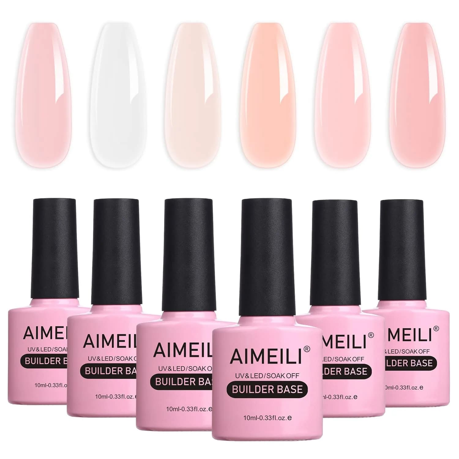AIMEILI Builder Base Clear Sheer Color Gel, 6x10ml | No Wipe, Vegan, Hema-Free, Soak Off