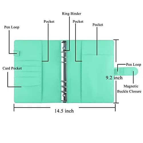 Antner A5 Binder 6 Ring Refillable Budget Planner Cover with Magnetic Buckle, PU Leather Loose Leaf Photocard Holder, Light Green (23.37 cm x 17.53 cm) thumbnail 2