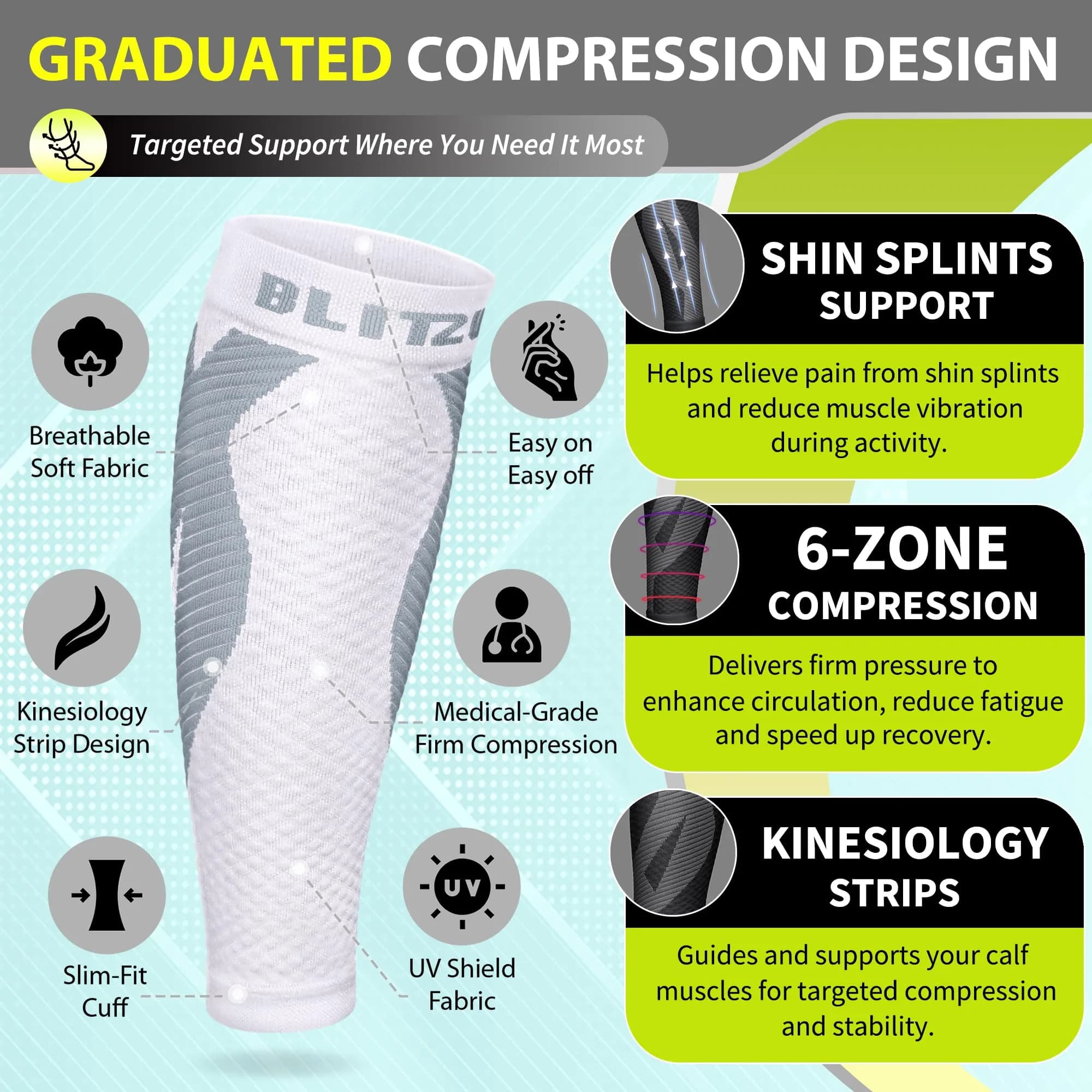 BLITZU Calf Compression Sleeves White XX-Large | FDA Approved Orthopedic Brace for Shin Splints & Varicose Veins - view 3