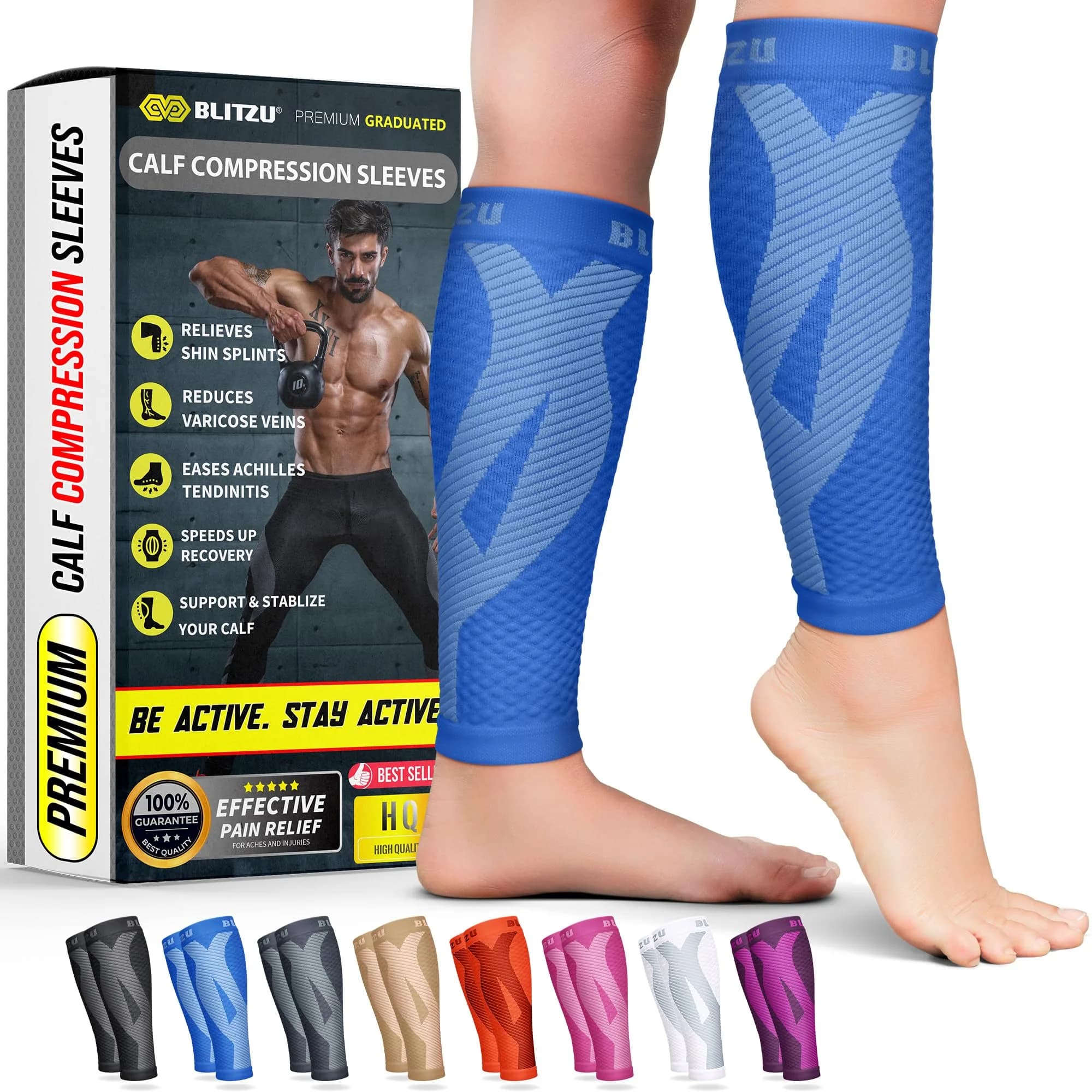 BLITZU Blue XX-Large Calf Compression Sleeves for Shin Splints & Varicose Veins - main product image