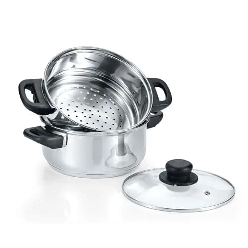Concord 3 Quart Stainless Steel Steamer Set | Induction Compatible, 2 Tier, Tempered Glass Lid thumbnail 1