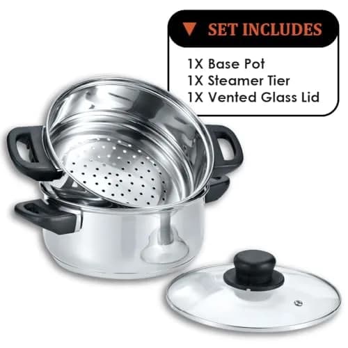 Concord 3 Quart Stainless Steel Steamer Set | Induction Compatible, 2 Tier, Tempered Glass Lid thumbnail 3