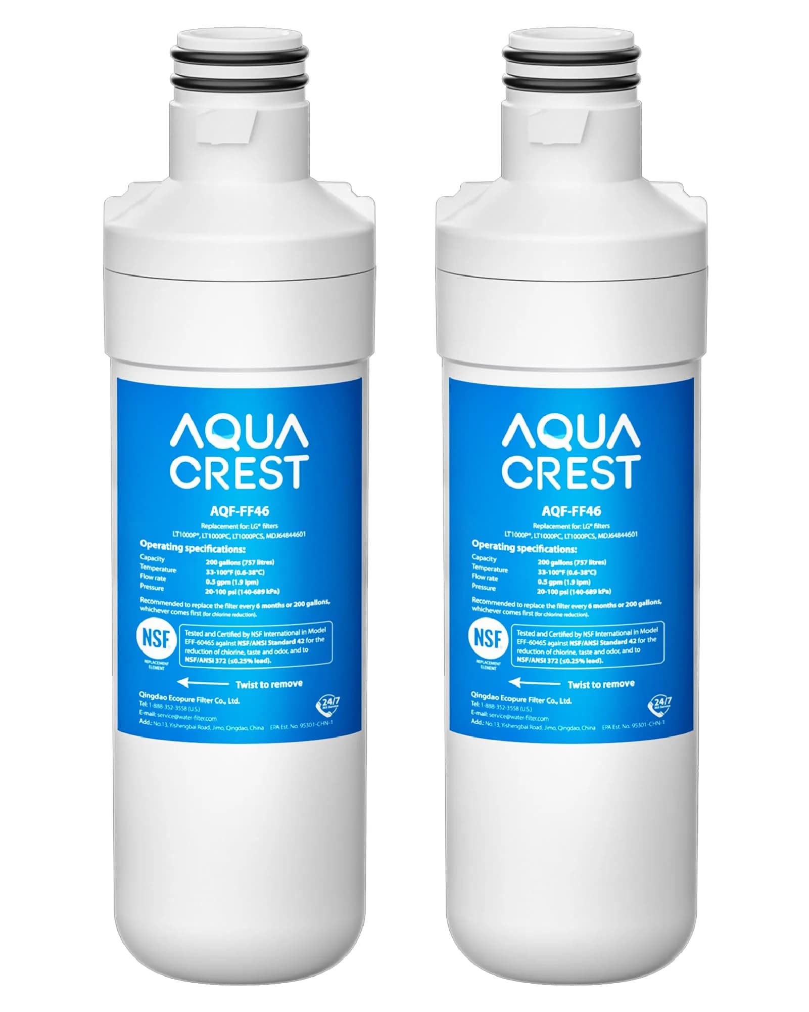 AQUA CREST LT1000PC Refrigerator Water Filter 2 Pack | NSF 42 Certified for Chlorine Taste & Odor Reduction — White