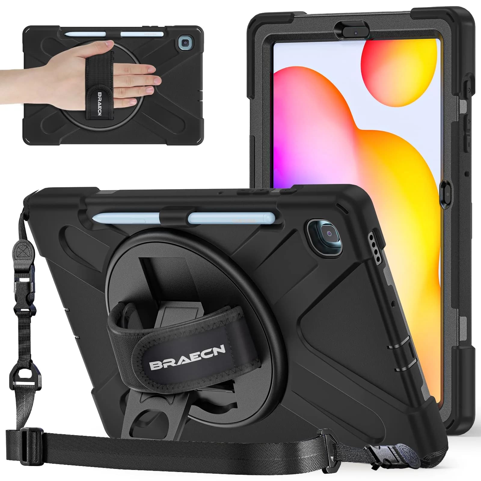 BRAECNstock Rugged Case for Samsung Galaxy Tab S6 Lite 10.4" (2020/2022/2024) with Hand Strap & Stand, 450g
