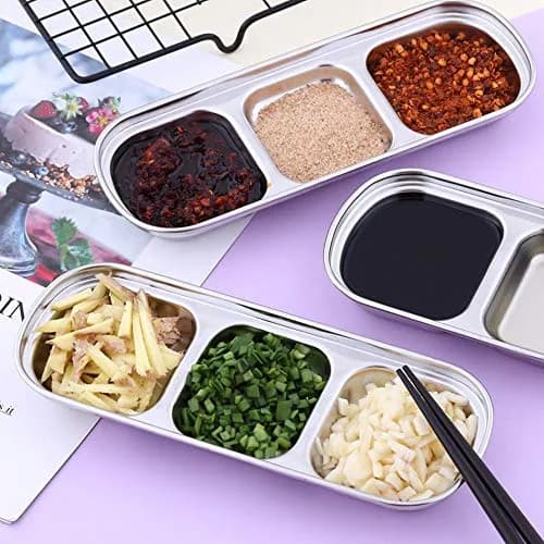 Liineparalle Stainless Steel Sier Sauce Dish 3 Grids | Durable, Safe & Space-Saving (70-120 chars) thumbnail 2