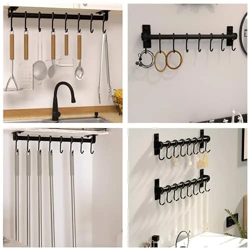 Dseap Black Stainless Steel Utensil Holder Rail with 8 Hooks | Wall Mount Kitchen Organizer 40cm (15.75in) thumbnail 6