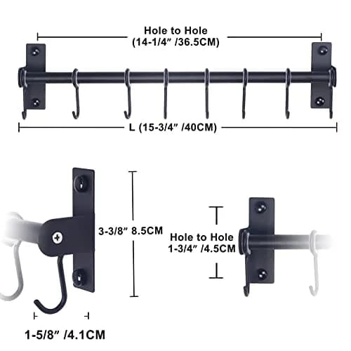 Dseap Black Stainless Steel Utensil Holder Rail with 8 Hooks | Wall Mount Kitchen Organizer 40cm (15.75in) thumbnail 2