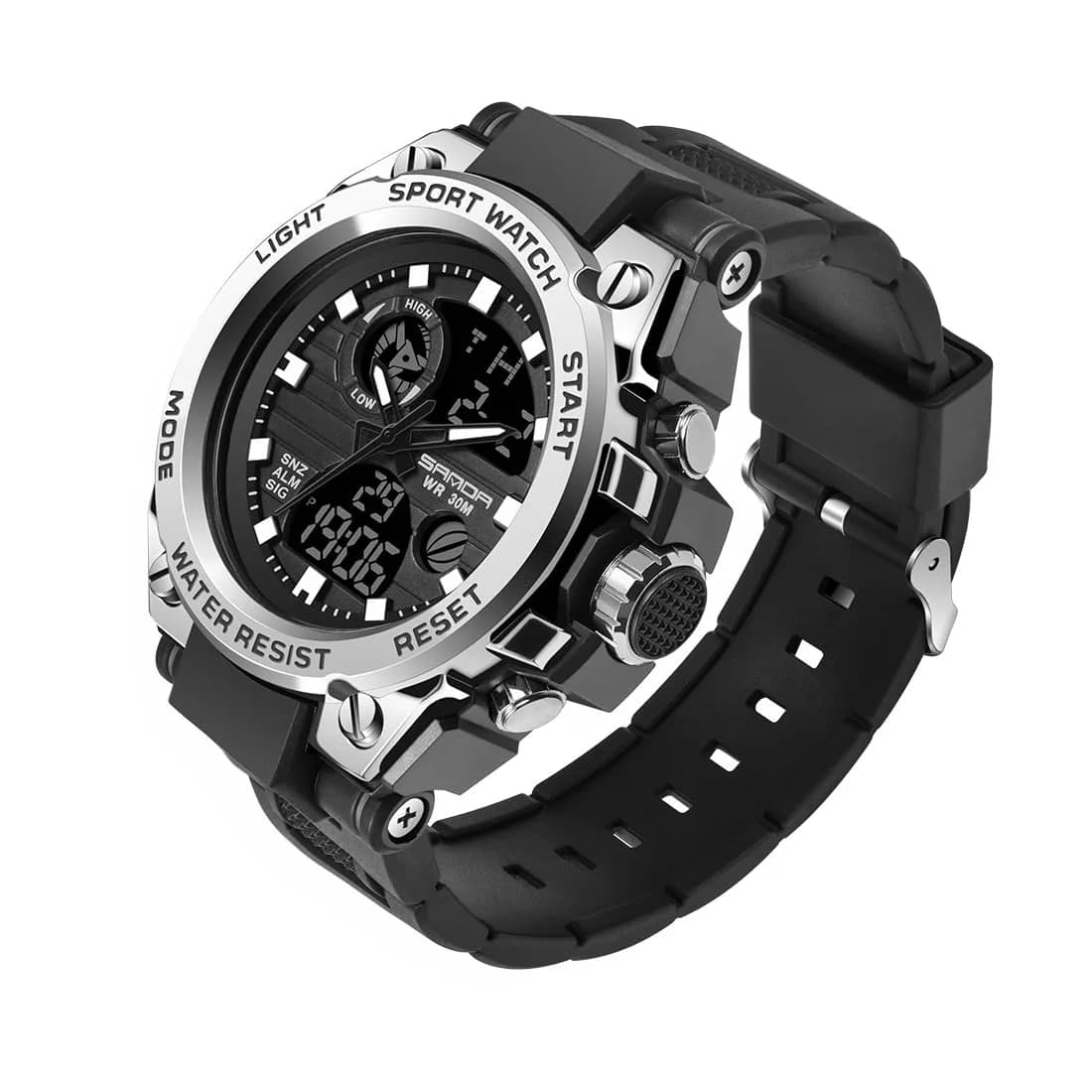 AIMES Men's Sport Watch 53mm (2.1 inch) | Dual Time Zone Military Watch with LED Alarm & Stopwatch — Silver